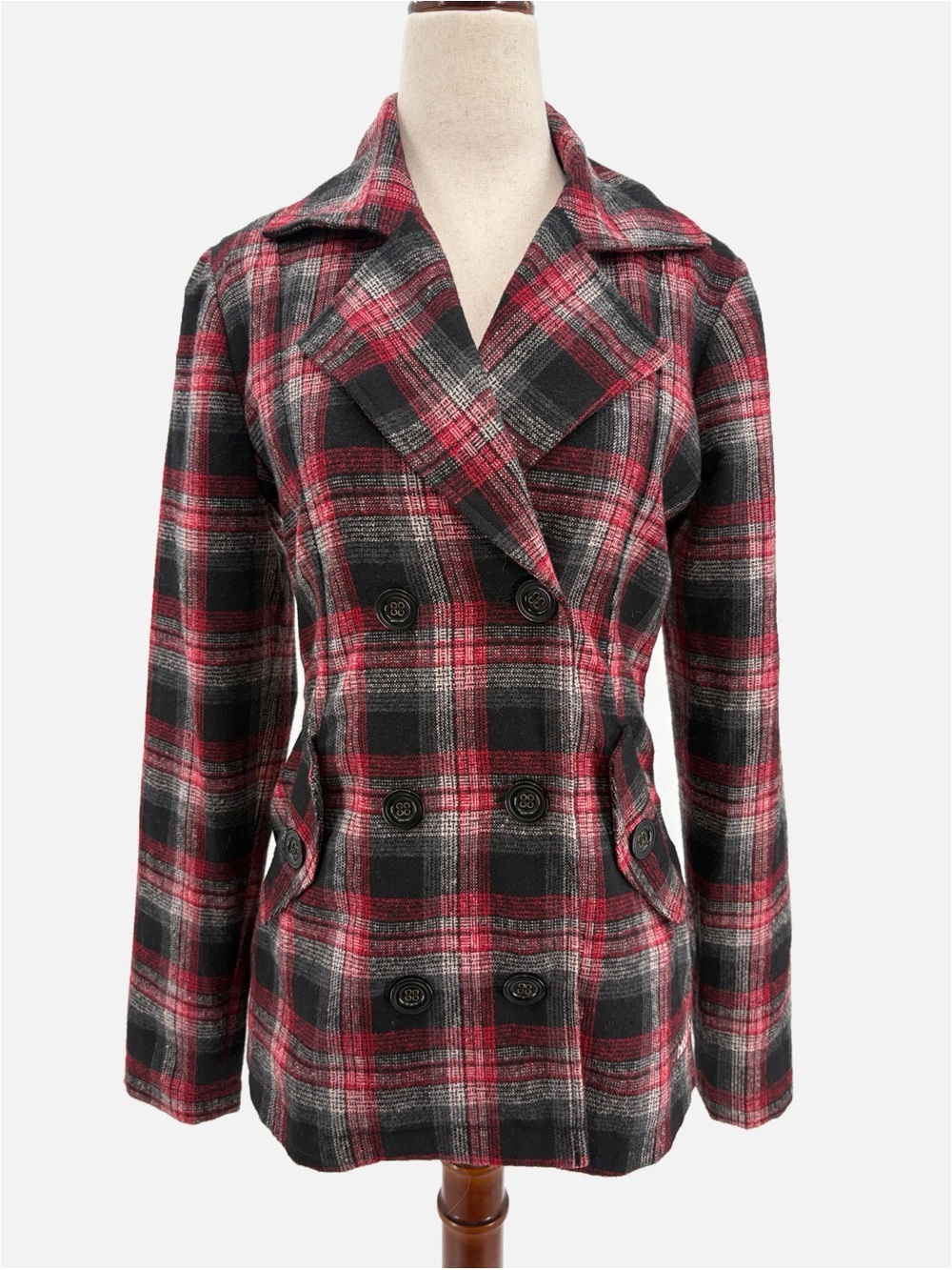 Billabong Plaid Wool Blend Fitted Double Breasted Pea Coat Juniors Medium